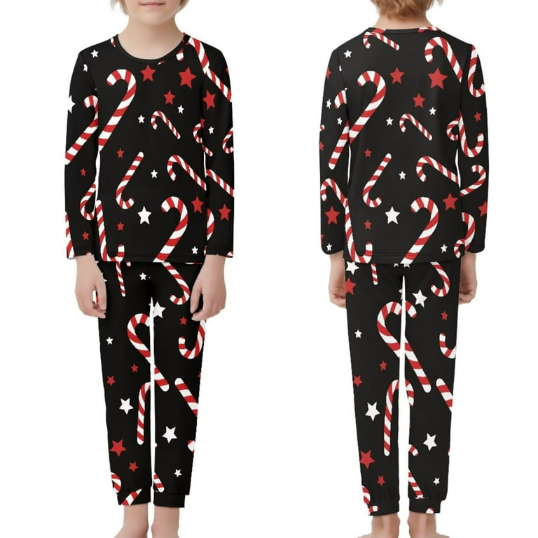 Pzuqiu Novelty Kid Pajamas Girls Boys Warmth Sleepwear Candy Canes Print Indoor Daily Wear Set 2pcs Christmas Theme PJ Softest Scoop Neck