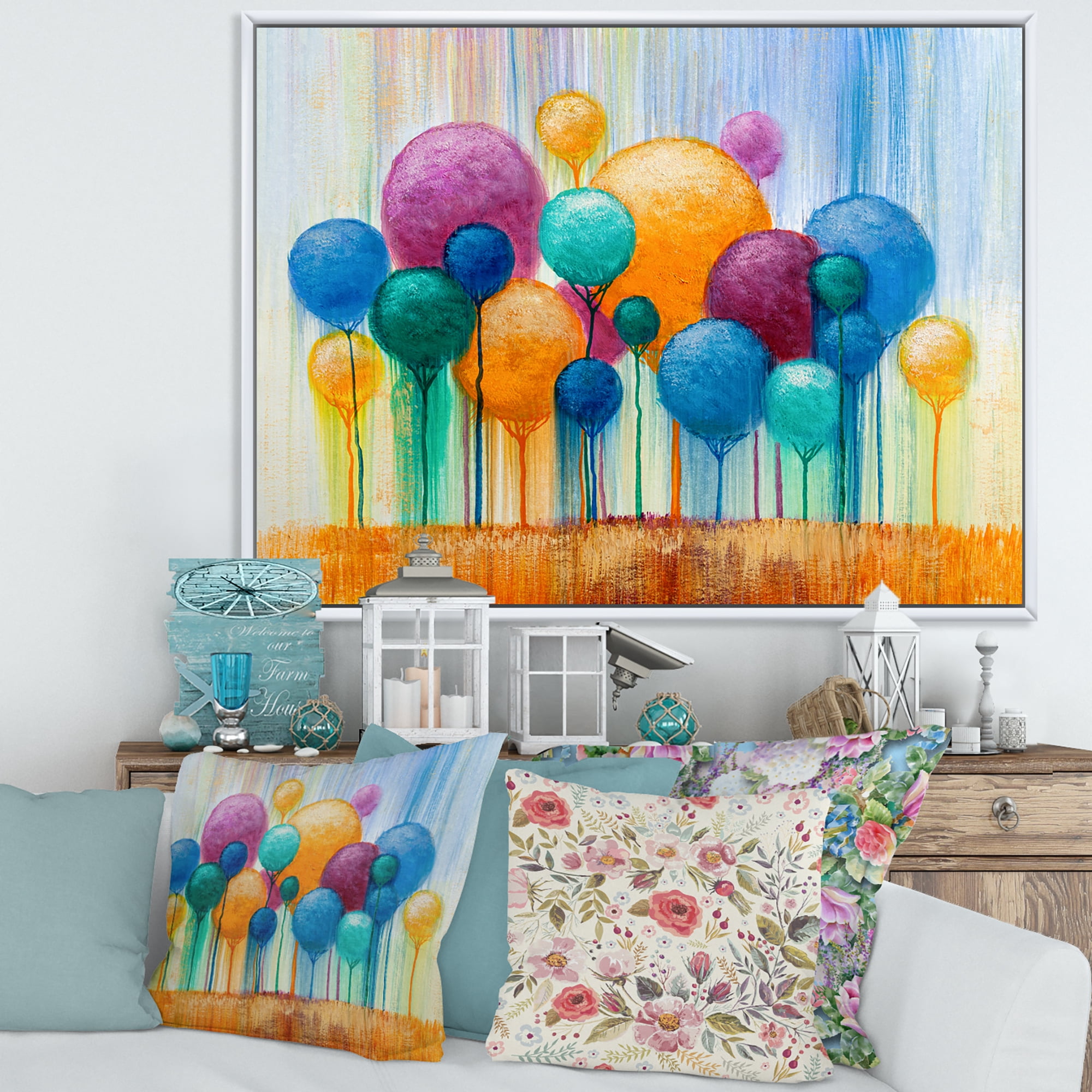 Designart 'Ornamental Colourful Trees IV' Modern Framed Canvas Wall Art Print