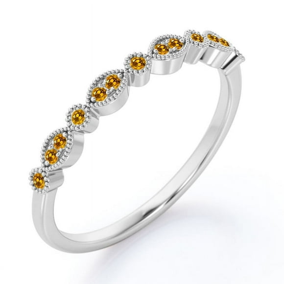 JeenMata Alianza de Boda Estilo Art Déco con Filigrana Milgrain y Piedra Natal de Noviembre de Talla Brillante Redonda de 0,25 Quilates en Baño de Oro Blanco de 18 K sobre Plata