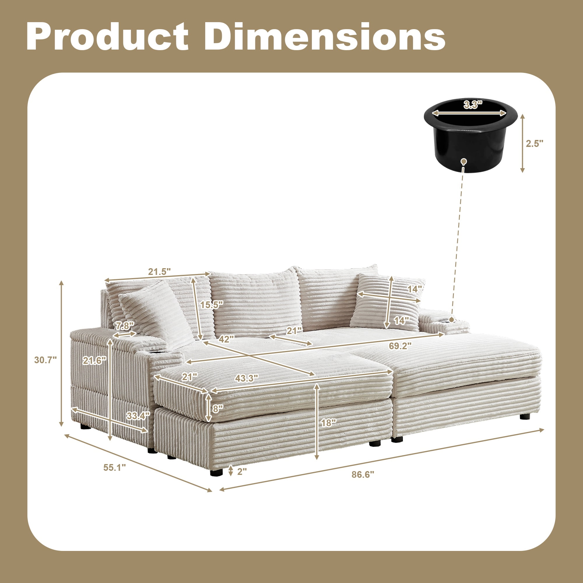 BUIORD 87" Sectional Couch with Ottoman, Oversized Corduroy 3-Seater Sofa with Storage Armrest and Cup Holders, Deep Seat Upholstered Couch for Living Room Bedroom, Beige
