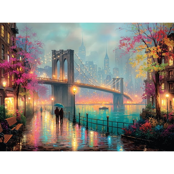 Prime Time Puzzles 1000 Piece Jigsaw Puzzle for Adults - Walk in The Rain in The City - Challenging Puzzle - Artistic Cityscape - Brooklyn Bridge - New York - 1000 Piece for Adults. 20x27 inches