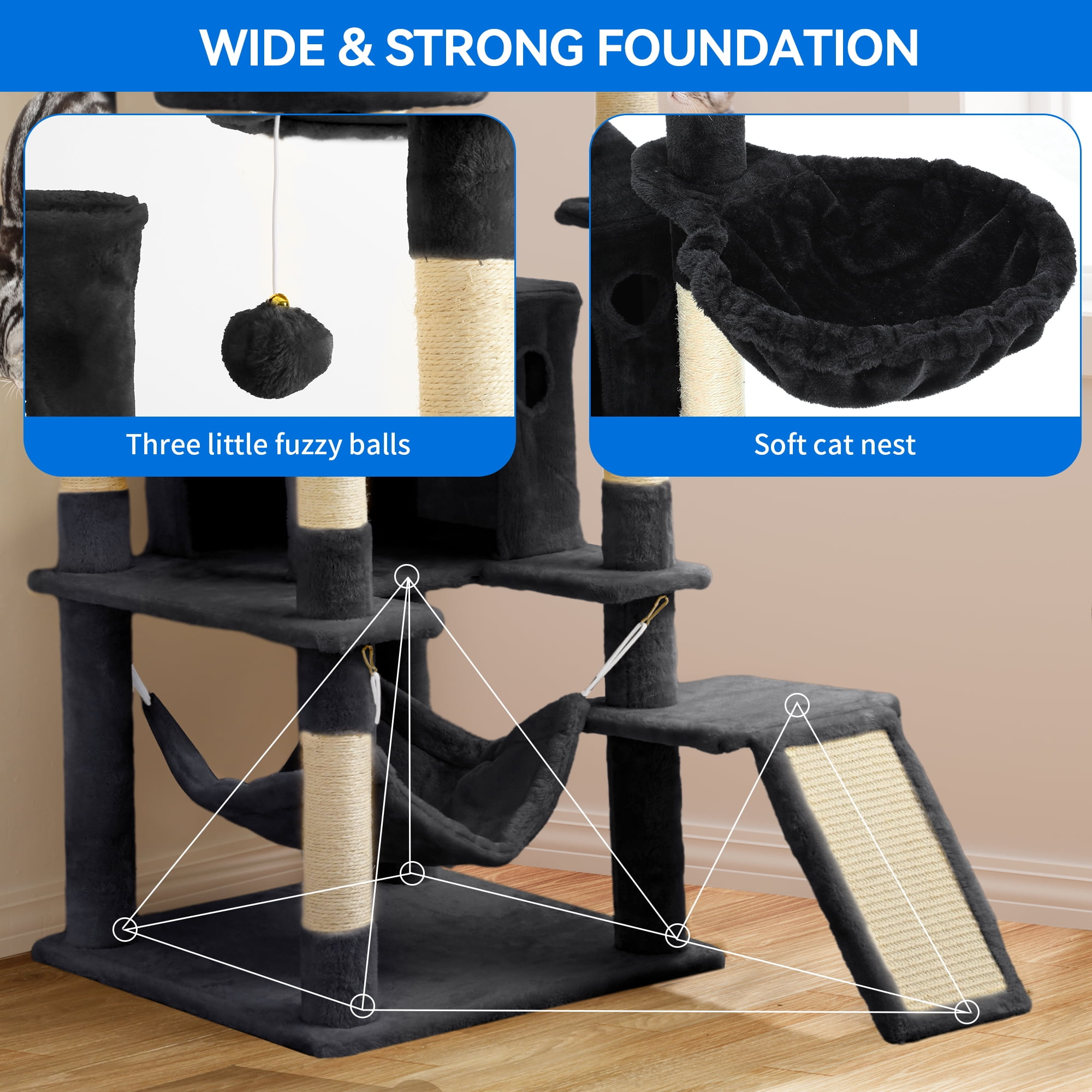 Dextrus 75" Multi-Level Cat Tree Tower with Cat Condos, Top Perches, Hammocks, Scratching Posts Board, Large Cat Activity Center,Black