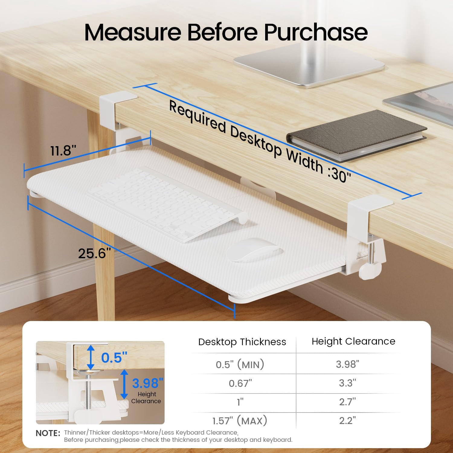 Large Tray Under Desk Slide Out With Extra Sturdy C Clamp Mount System 26'' (30'' Including Clamps) X11 Slide-out Drawer For Typing Mouse White
