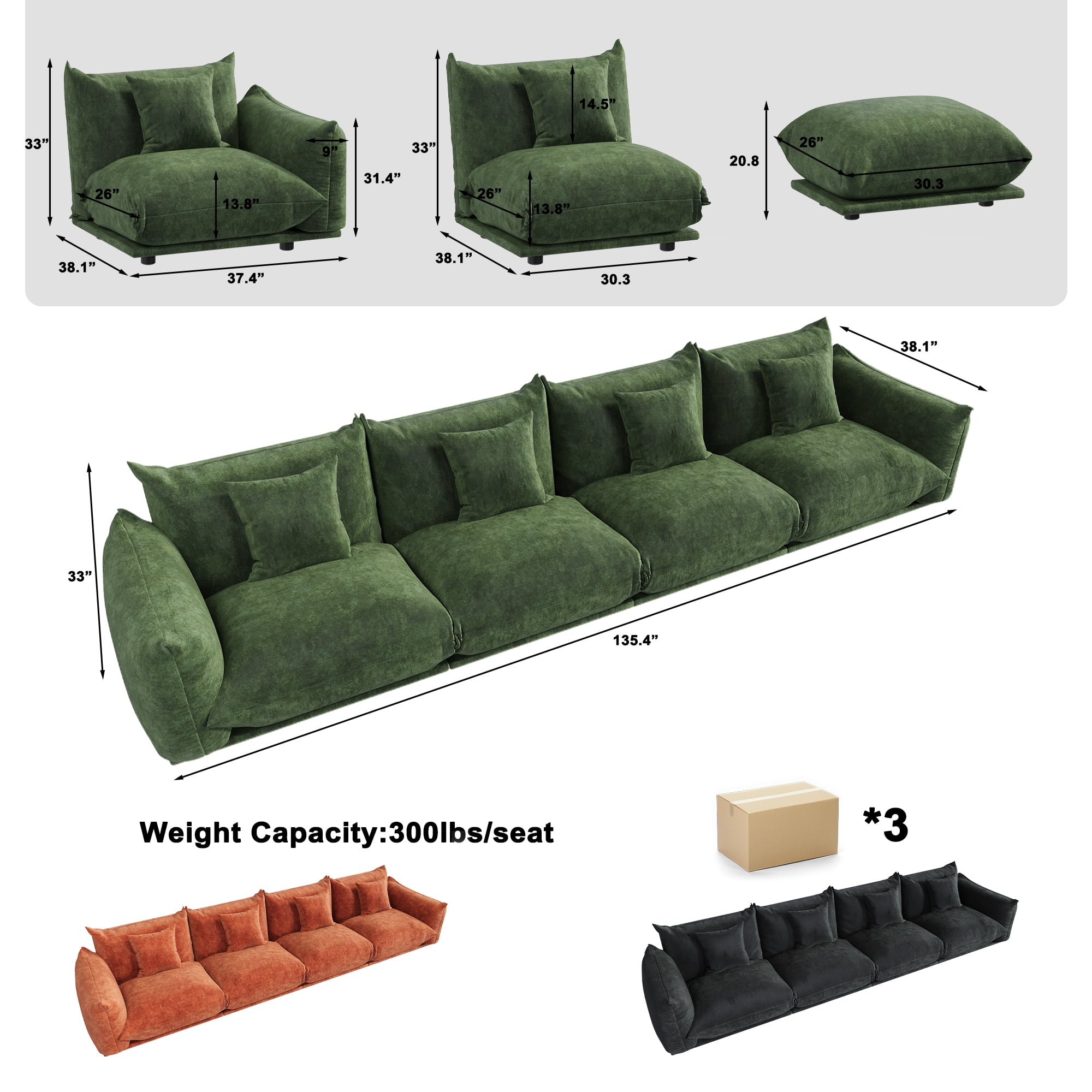 Advwin 136" 4-Seater Modular Sectional Sofa, Modern Oversized Cloud Couch with Thick Cushions for Living Room, Bedroom, Apartment, Small Spaces, Green