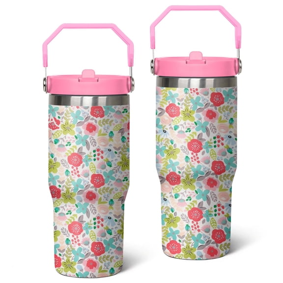 30oz Pioneer Stainless Steel Tumbler with Top Handle,Colorful Floral VintageTravel Coffee Mug Flip Straw Cup,Gifts for Women Girls Men Adults（pink）