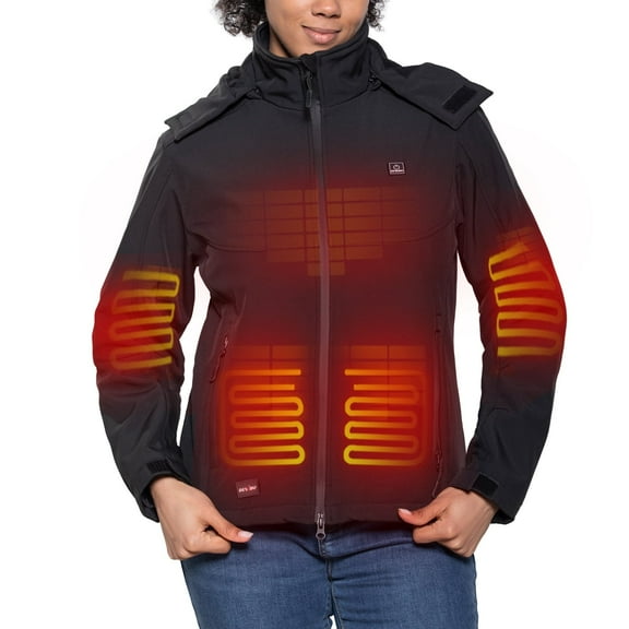 DEWBU Heated Jacket for Women with Detachable Hood, Soft Shell Heated Coat with 12V Battery Pack, Waterproof Heating Jacket for Winter Outdoor