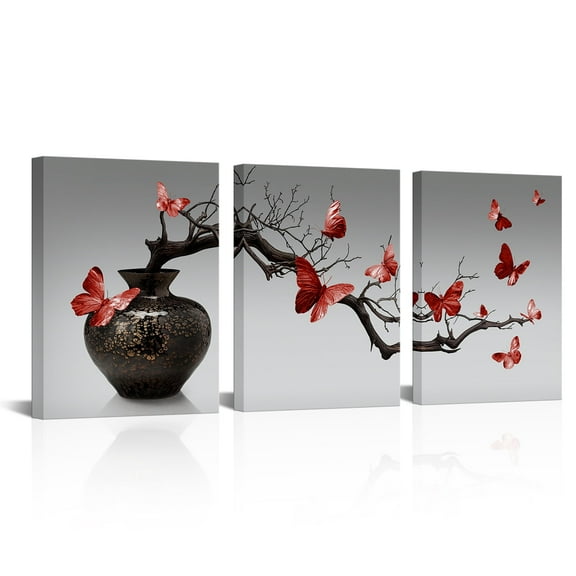 3 Piece Bathroom Pictures Zen Meditation Wall Art Butterfly Wall Decor Framed Artwork Farmhouse Bedroom Living Room Decor(Red)
