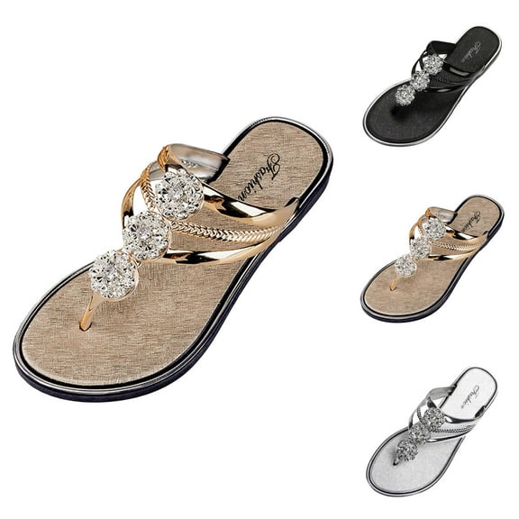 Rhinestone Flat Sandals for Women Dressy Sparkly Thong Sandals Bling Summer Cute T Strap Dress Sandals for Wedding Bridal Bride Beach Trendy Comfortable Summer on Sandals