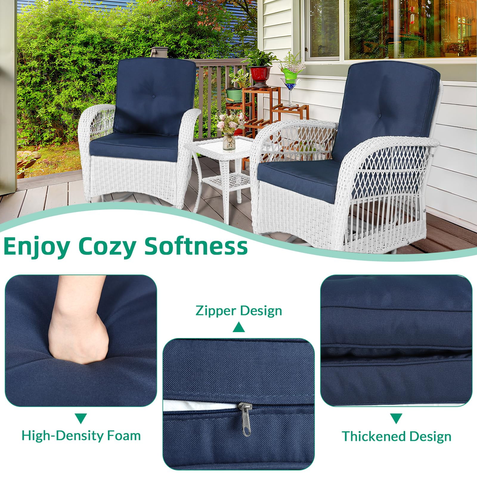 VIVIJASON 3-Piece Outdoor Conversation Bistro Set, Patio Swivel Glider Rocking Chairs Rattan Furniture Sets w/ 2 White Rattan Chairs, Glass Top Side Table for Porch Backyard, Navy Blue Cushions
