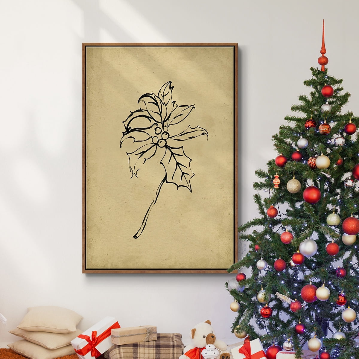 Holly Branch II - Framed Gallery Wrapped Holiday Canvas - 25 x 37 - Rosewood Frame