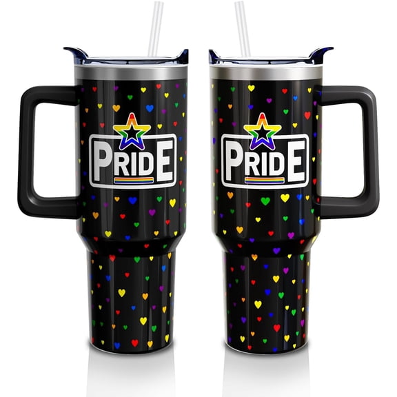 40 Oz Pride Tumbler with Handle and Straw - Stainless Steel Insulated Rainbow Heart Cup - LGBT Pride Month Gift for Women & Men