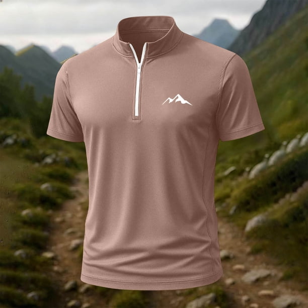 Blusa y camisa de manga corta con cuello alto para hombre, de verano, de color liso, ajustada, deportiva, con cremallera, de manga corta, con cuello alto.