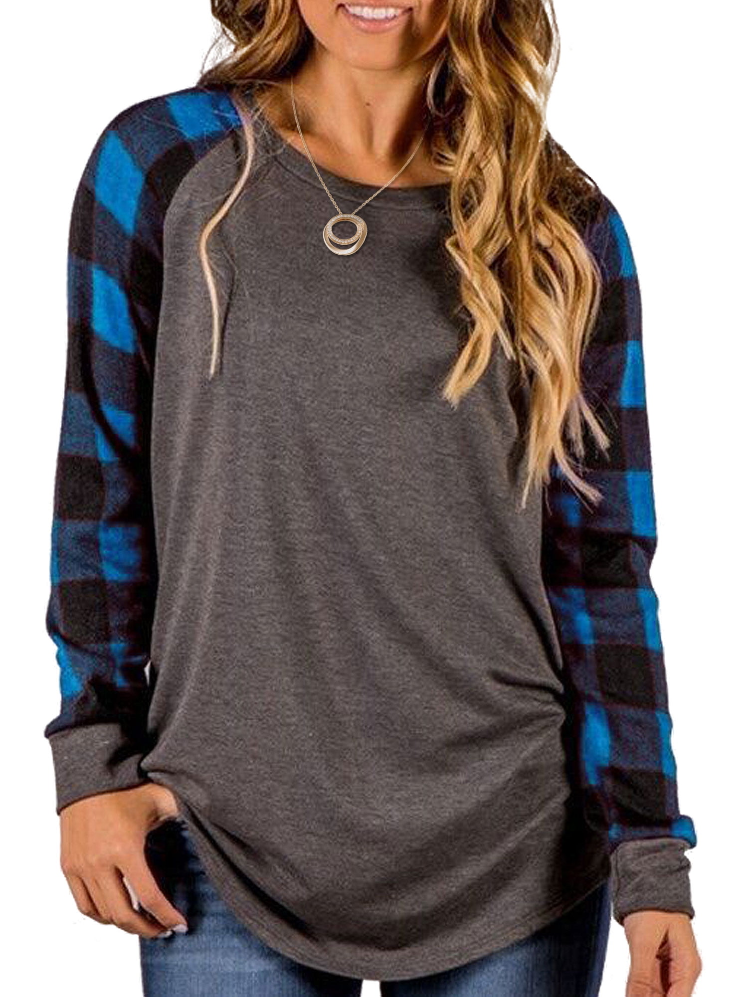 Womens 3/4 Sleeve T Shirt Tops Casual Plaid Printed Pullover Loose Fit Round Neck Tees Comfy Soft Tunic Blouses 