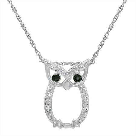 Sterling Silver Owl Pendant-Necklace with Black and White Diamond