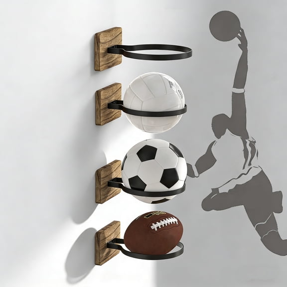 Wall Mount Basketball Holder with Wooden Base, 4 Pcs Ball Storage Holder for Football Basketball Soccer Rugby Display Rack - Boys Sports Accessories Organizer