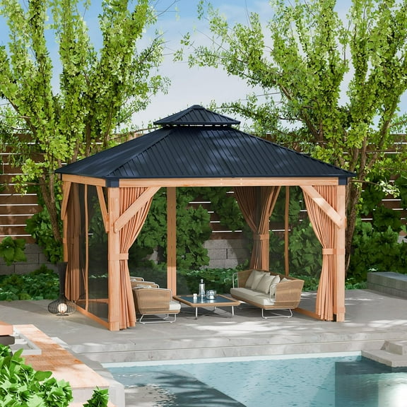 Homhougo Hardtop Spruce Wood Gazebo 10'x10', with Double Roof of Metal Sheets, 4.7'' Heavy Duty Poles, Net, and Curtain, Permanent Building for Patio, Deck, Backyard, Lawn, and Garden-Khaki