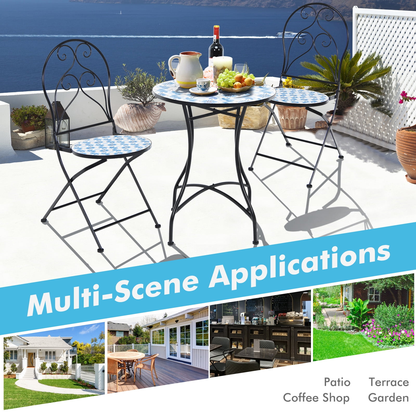 Patiojoy 2PCS Outdoor Mosaic Folding Bistro Chairs Patio Chairs with Ceramic Tiles Seat and Exquisite Floral Pattern Blue Seat