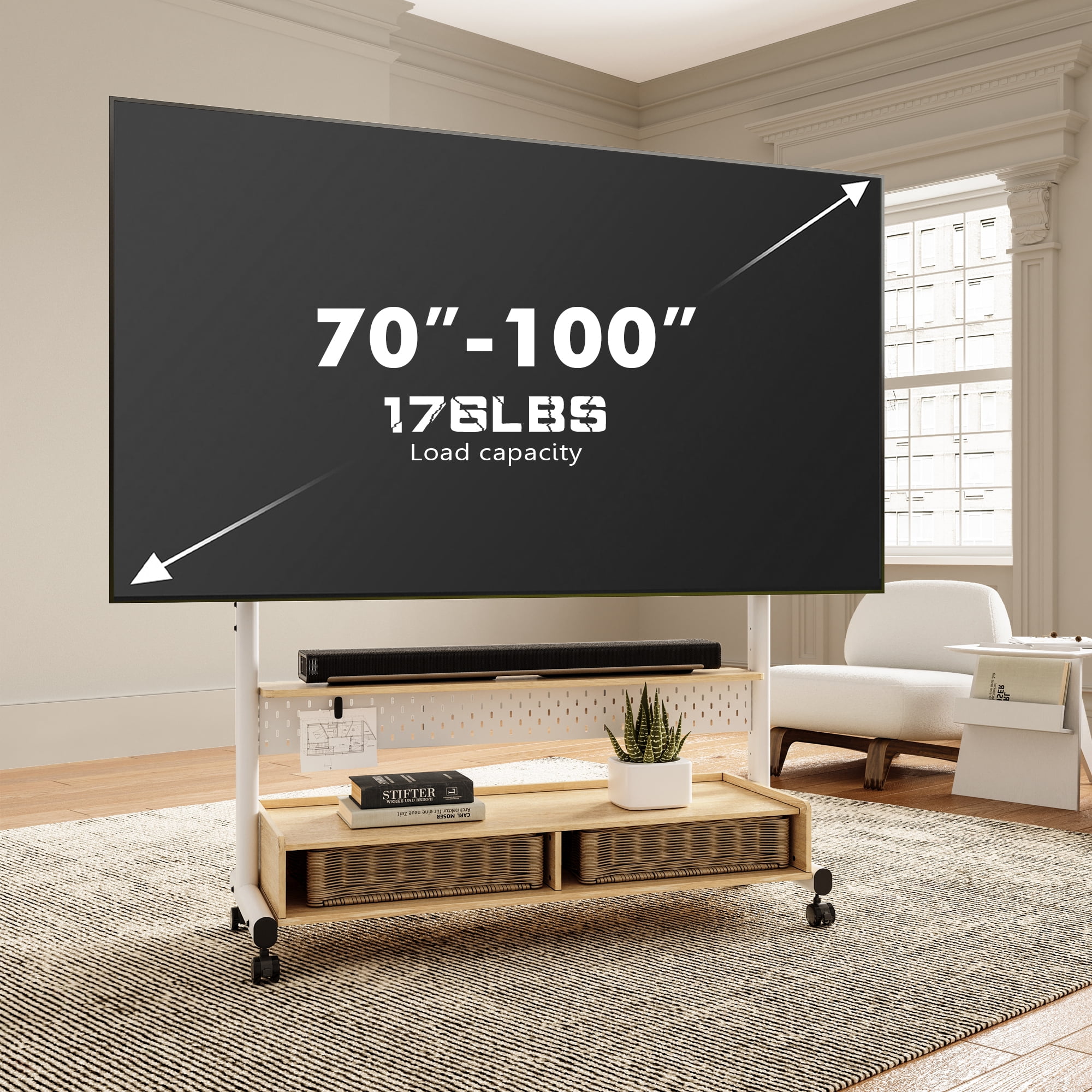 FITUEYES Modern Rolling TV Stand for 70-100 inch TVs with Two Wooden Large Storage,White