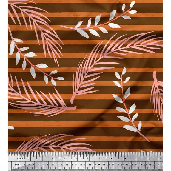 Soimoi Brown Viscose Chiffon Fabric Stripe & Palm Leaves Print Fabric by the Yard 42 Inch Wide