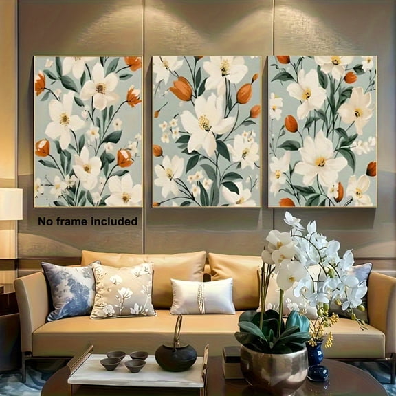 3pcs Large White & Floral Canvas Wall Art Set - Minimalist Bohemian Farmhouse Style Beige & Golden Leaf Botanical Prints, Frameless Textured-Like Background, Neutral Tones for Living Room, Bedroom,