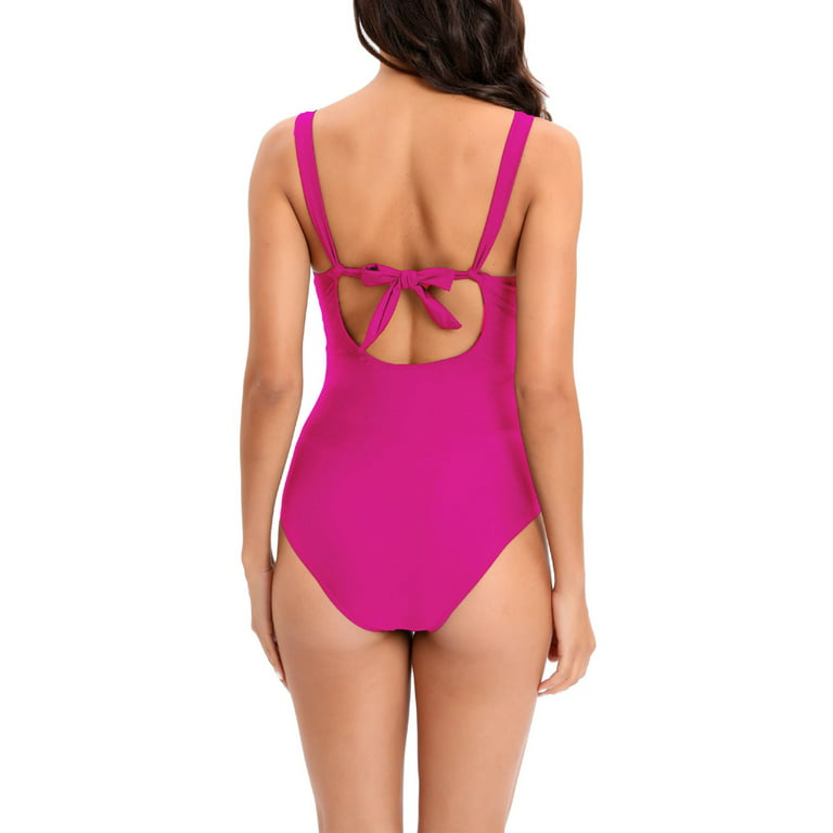 ALSLIAO Women Deep V Neck Straps Ruched Swimsuits Bikini Tummy Control  Bodysuit Swimwear Rose Red XL 