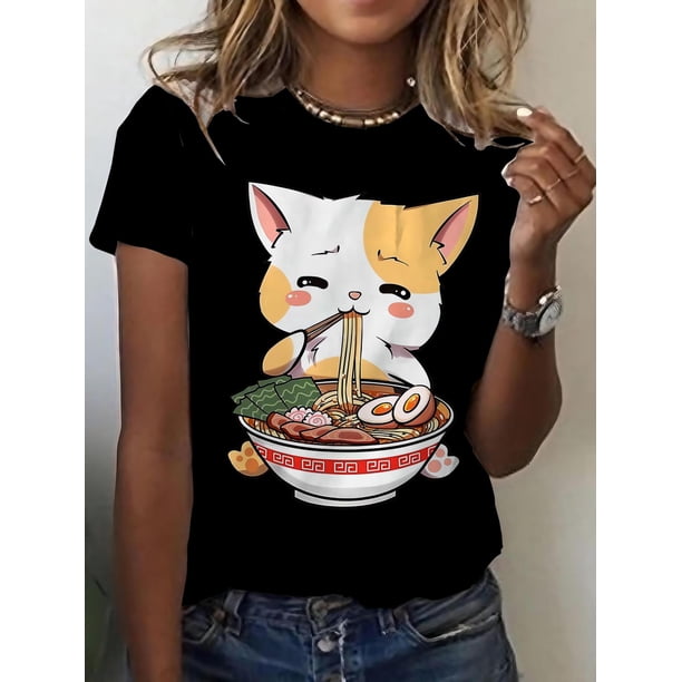 Cartoon Cat Printed Cartoon T-shirt, Round Neck Short Sleeve Summer T-shirt, Fashionable Women's Clothing Tee For Adult, Men, Women, Teen, Teenager, Adolescent, Youth