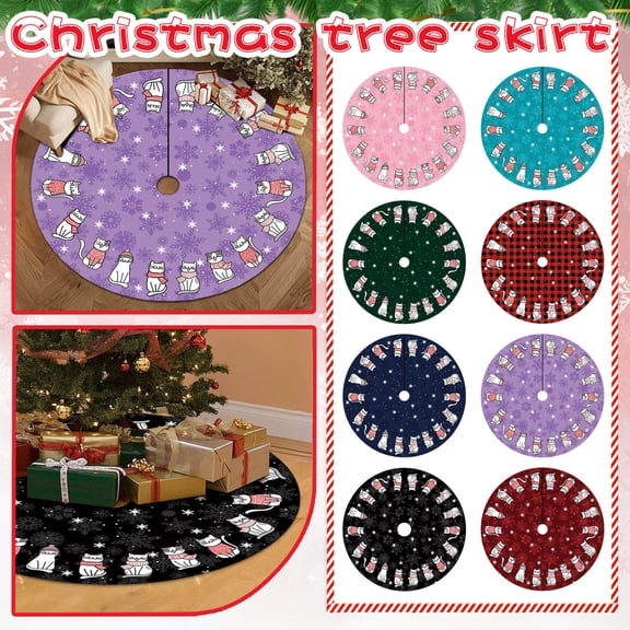 YIFUNIN 60cm Cat Pattern Christmas Tree Skirt Craft Christmas Decorations with Cartoon Design for Home Party