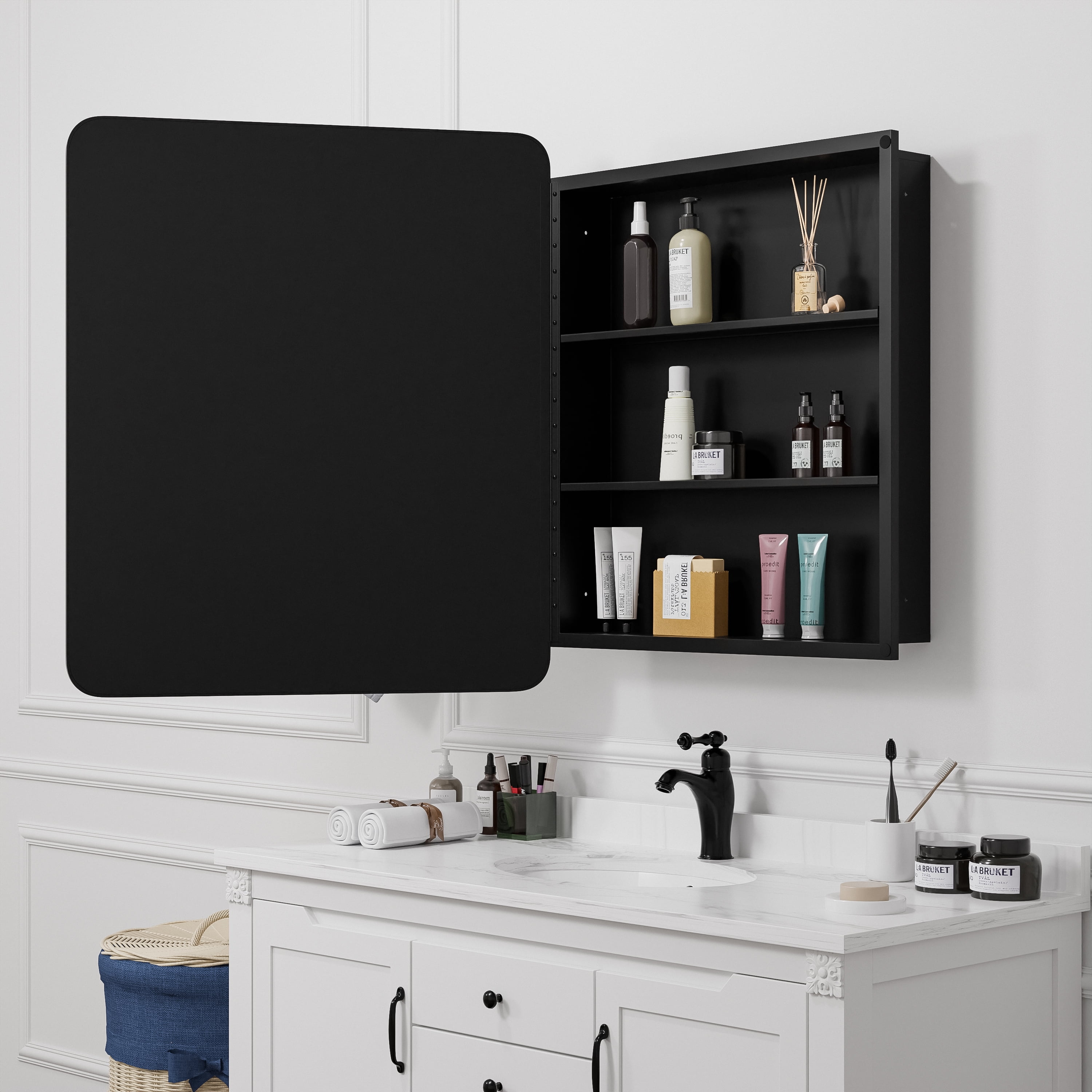 30"x24" Rectangle Recessed/Surface Mount Medicine Cabinet with Mirror,Black