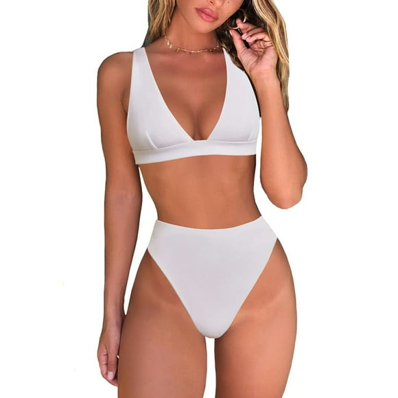 TSADFHJI Swimsuits for Women Cover Ups Womens High Waisted Thong Bikini Sets Sexy Brazilian Triangle Top Deep V Neck Two Piece Swimsuit Bathing Suits S White