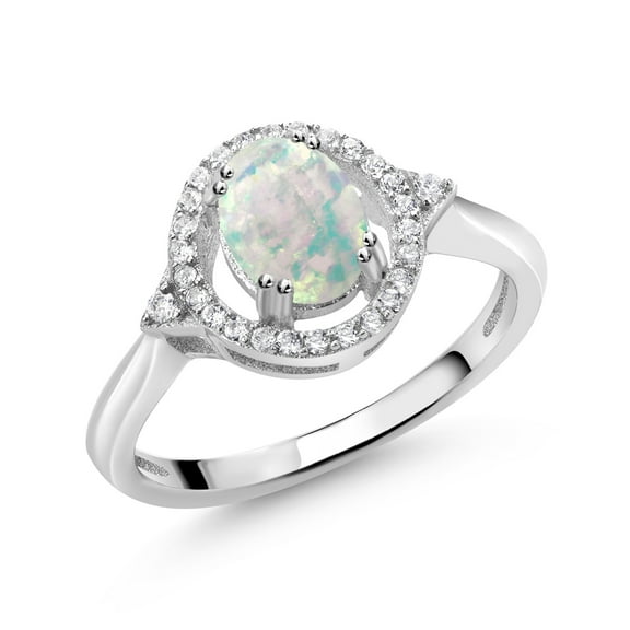 Gem Stone King 1.34 Ct Oval Cabochon White Simulated Opal 925 Sterling Silver Ring (Size 8)