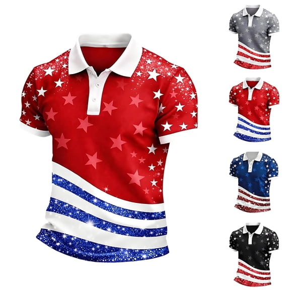 XINPING 250th Anniversary USA Shirt Patriotic Star And Stripe Print Polo Shirt for Men, Short Sleeve Collared Golf Top, Independence Day Design with Multi Color Options