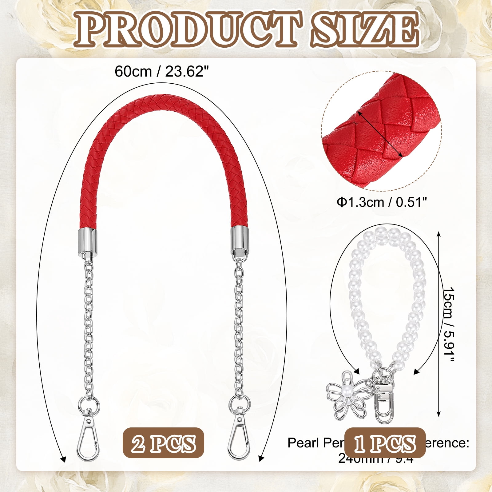 Uxcell 2 Pcs PU Leather Chain Purse Strap, 23.6 Inch Braided Purse Handles Replacement Strap with Pearl Pendant for Tote Bag Handbag Underarm Bag (Red, Silver Chain)