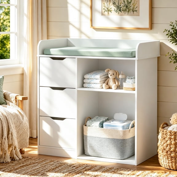 Linor Baby Changing Table Dresser with 3 Drawers & 2 Open Shelves, White Wood Multifunctional Nursery Storage Organizer