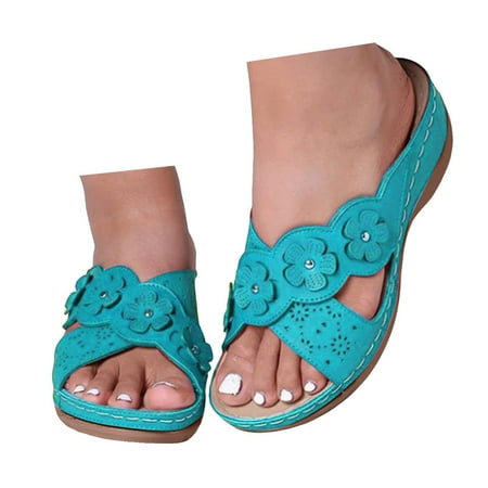 OJSFQUFP Wedges Shoes for Women Sandals with Arch Support Fashion Slide Sandals Women Dressy Summer Flat Beach Womens Sandals Dressy Blue 38