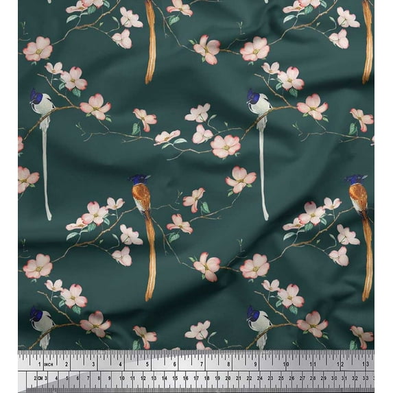 Soimoi Cotton Duck Fabric Leaves,Floral & Paradise Flycatcher Bird Printed Fabric 1 Yard 56 Inch Wide