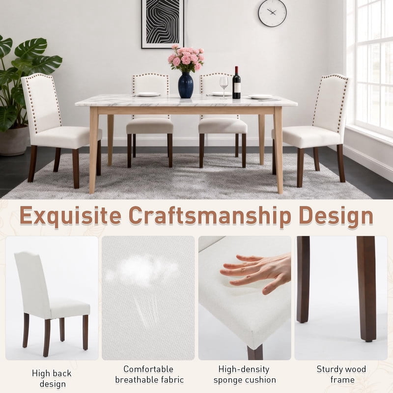 BEAUTYPEAK Dining Chairs Set of 2 Upholstered Parsons Chairs with Nailhead Trim Padded Linen Seats and Wood Legs, Beige