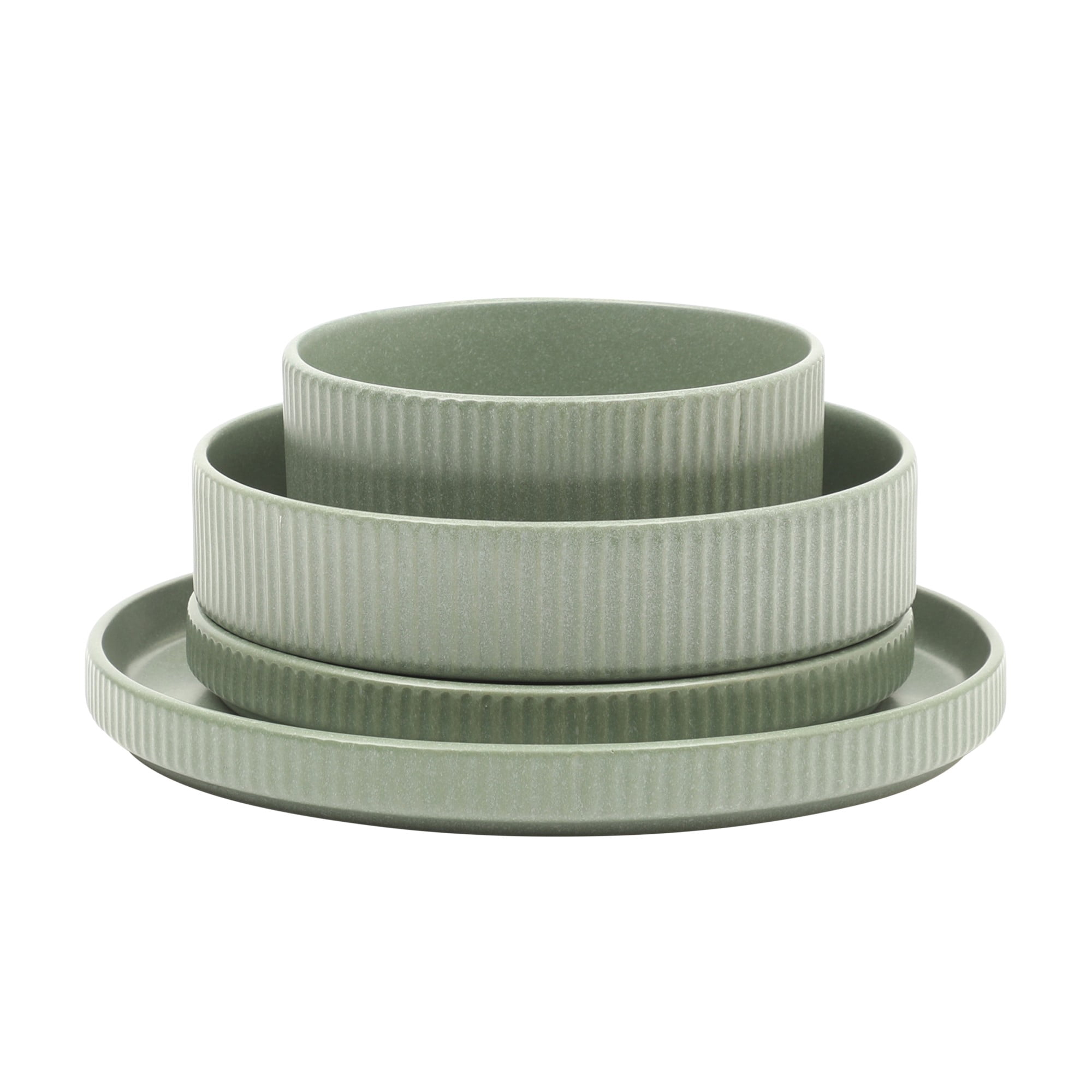 Gibson Elite Deerfield 16-Piece Stoneware Dinnerware Set – Stackable Plates and Bowls, Reactive Glaze Finish, Service for 4 - Matte Green