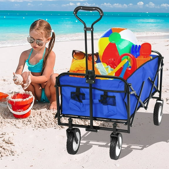 Dkelincs Collapsible Wagon Cart Portable Folding Wagon Heavy Duty Utility Beach Wagon Garden Cart with All-Terrain Wheels, Blue