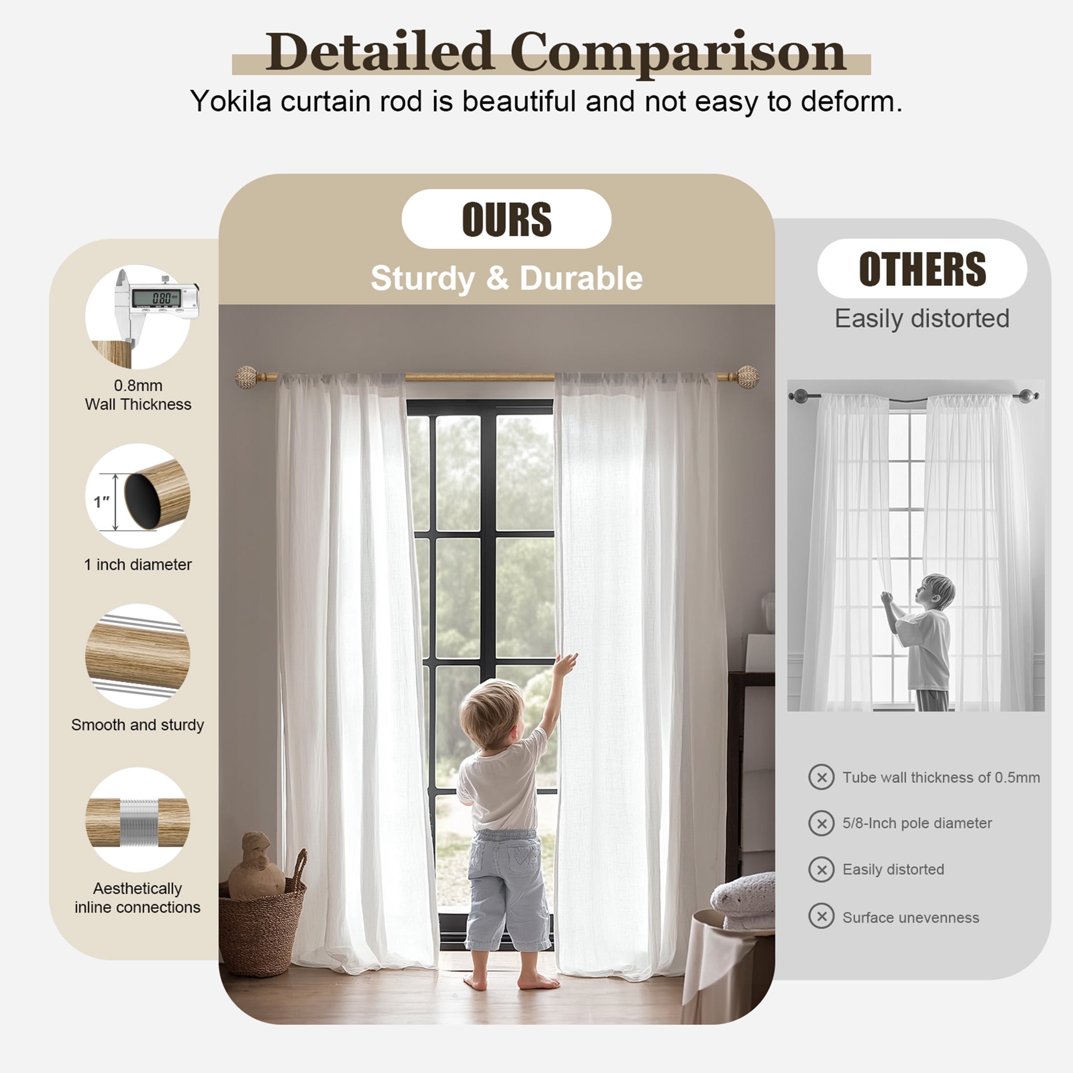 Yokila Farmhouse Brown Curtain Rods for Windows 36 to 88 Inches Adjustable Length Heavy Duty 1" Diameter Single Window Curtain Rod with Decorative Finials for Outdoor Bedroom Kitchen Living Room