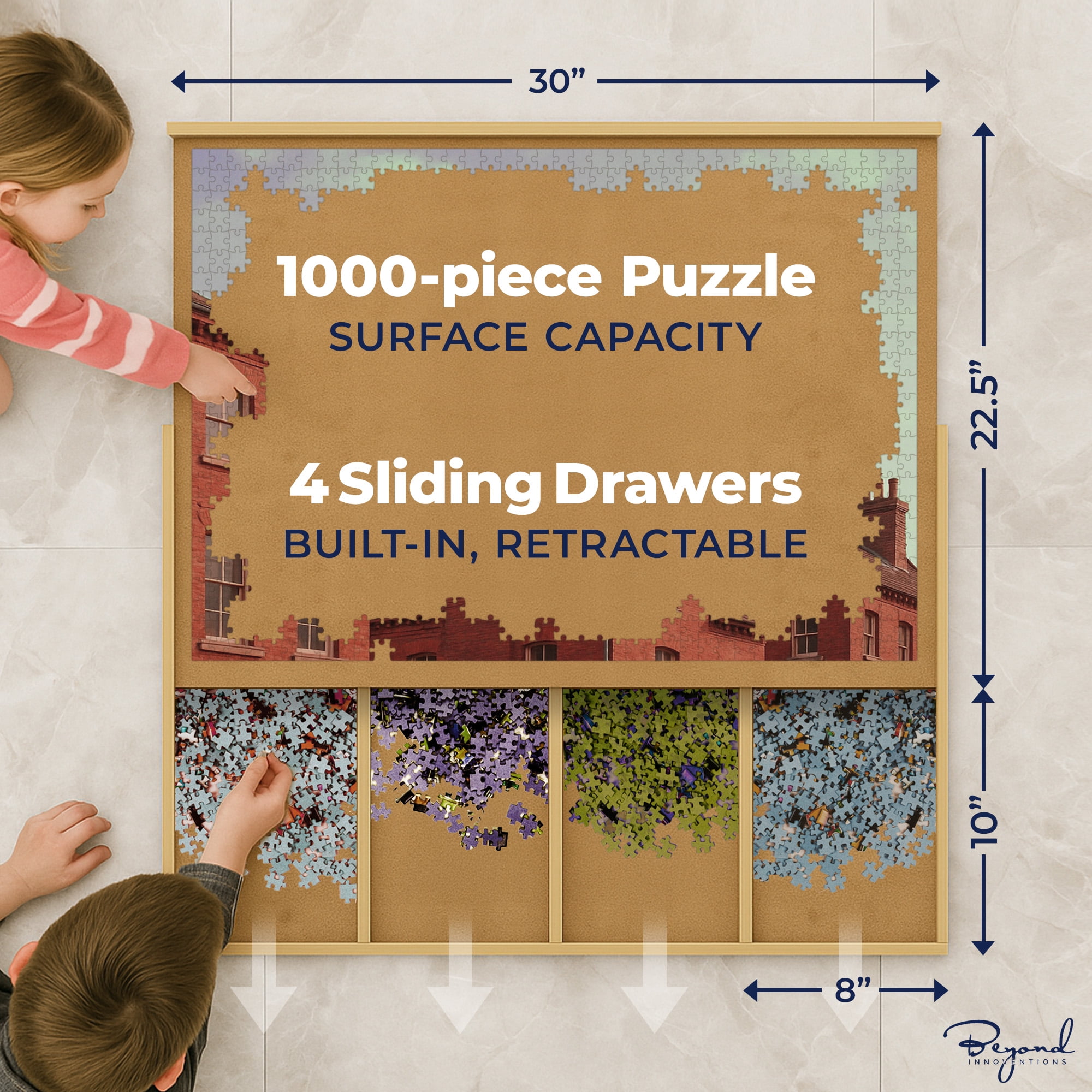 Beyond Innoventions 1000 Piece Wooden Jigsaw Puzzle Board -Portable Puzzles Tables for Adults, 30” x 22”, 4 Drawers