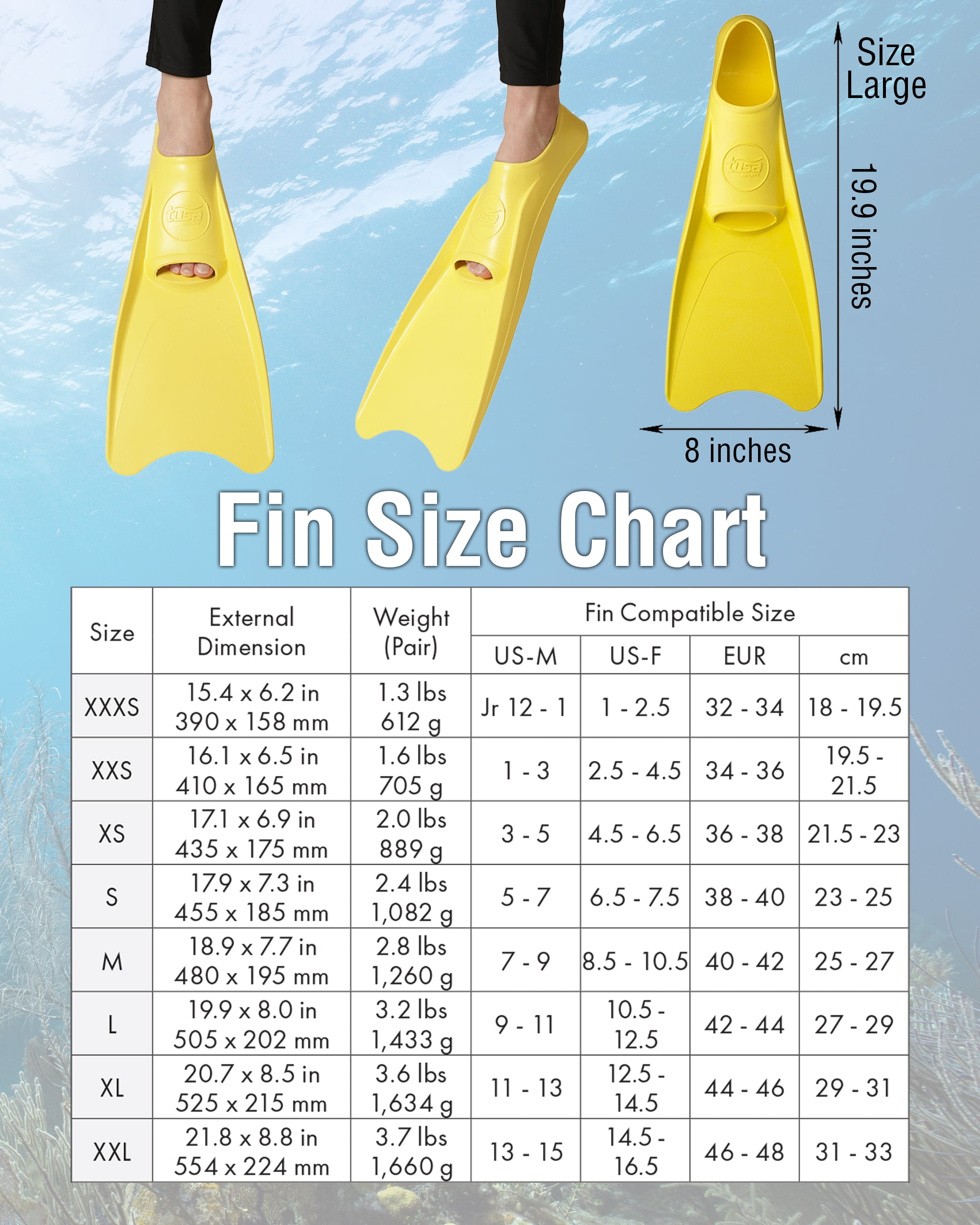 TUSA Sport UF-1202 Full Foot Rubber Snorkeling Fins - Blue S (5-7)