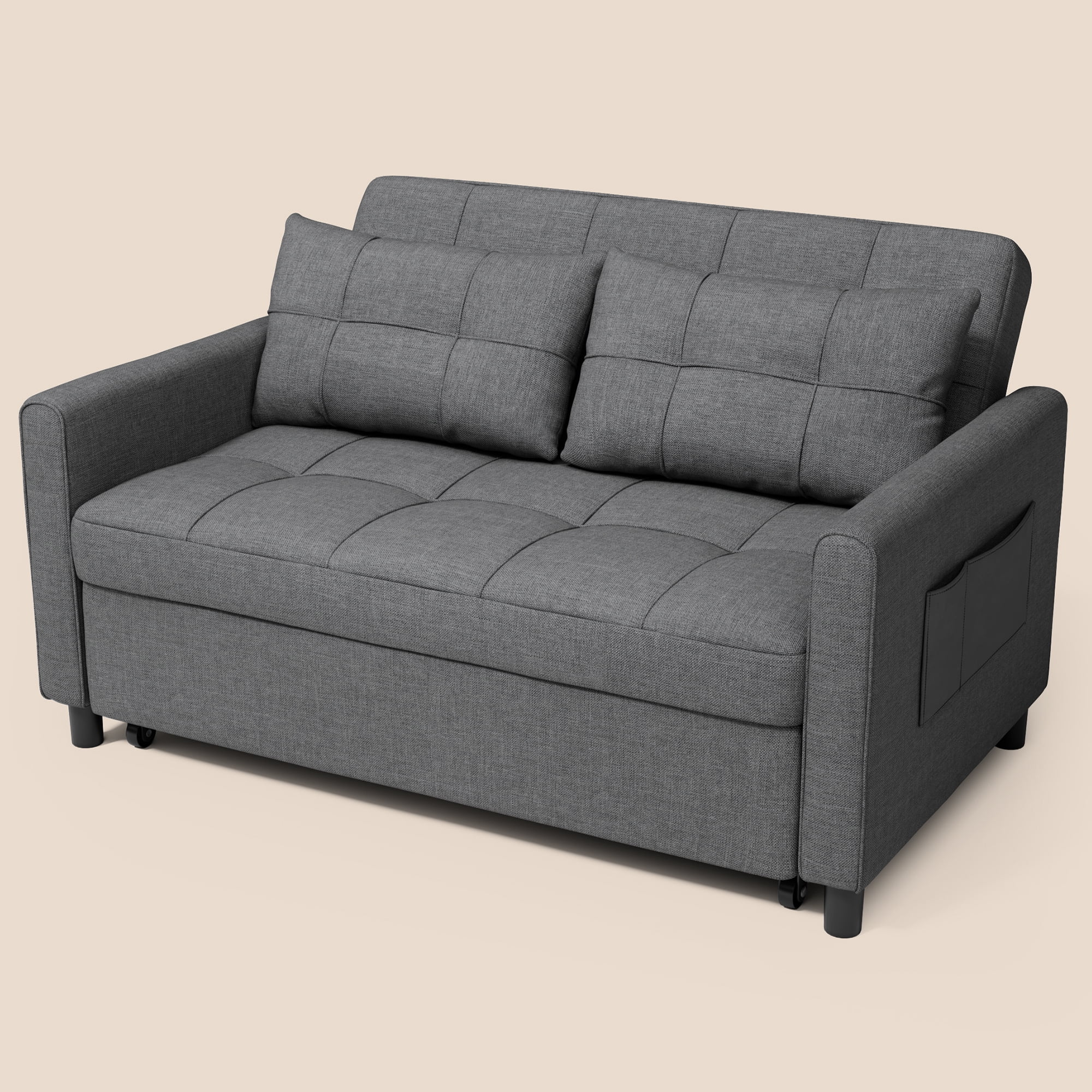 Multifunctional Linen Futon Sofa, 71.7" Expandable Pull-out Guest Bed with 2 Cushions, 3-in-1 Convertible Loveseat for Home Indoor Use, Dark Grey