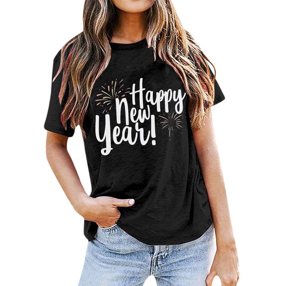 Bibifish Womens T-Shirt Black Happy New Year Graphic Print Short Sleeve Soft Crew Neck tee Relaxed Fit Casual Holiday Party Festive Stylish top