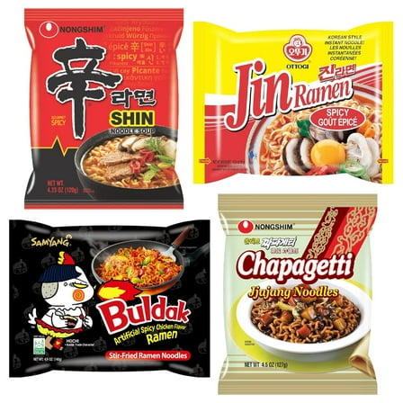 BOX OF LIFE Korean Instant Noodles 4 Pack Set, Original Fire Noodles (Buldak), Shin Ramyeon (Shin Ramen), Chapagetti, Jin Ramen Red / 1 Pack Each/Popular Korean Ramen Variety