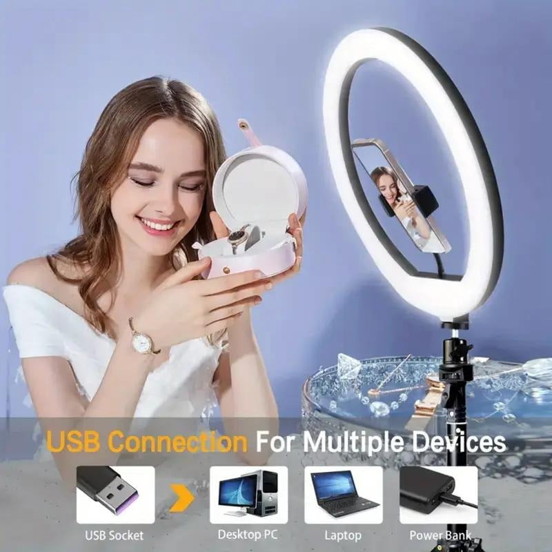 12'' Video Light with 63'' Extendable Tripod Stand - Ring Light with Phone Holder for Live Stream/Makeup/YouTube/TikTok - Compatible with All Phones - New Year's & Valentine's Day Party Lights