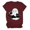 thumbnail image 6 of COMVALUE Ghost Cat Mug Illustration Wear T Shirt, Cute Cartoon Ghost Cat Graphic Shirt, Trick Treat Party Tee (Wine, 3XL), 6 of 9