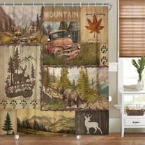 Rustic Farmhouse Shower Curtain, Country Cottage Lodge Cabin Bear Deer Mountain Shower Curtain for Bathroom, Camp Woodland RV Fabric Wooden Shower Curtain with 12PCS Hooks 70X70IN