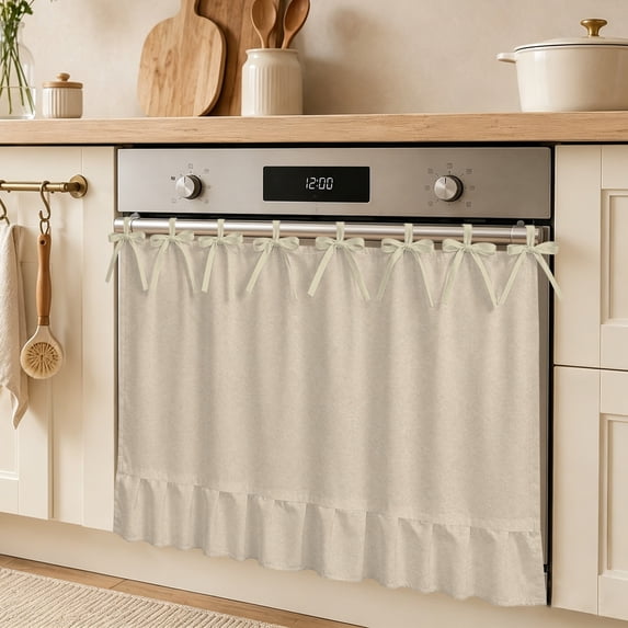 Oven Skirt Curtain for Kitchen 24x32 Inch, Tan Solid Color Oven Curtain with 8 Ribbon Ties & Ruffle Trim, Stove Skirt Curtain Dishwasher for Cabinets Over Sinks Modern Minimalist Pure Color