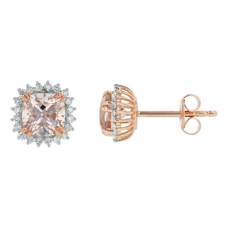 14k Rose Gold 1.0 Carat Halo Cushion Cut Pink Morganite and 1/10 Carat Diamond Stud Earrings (H-I, SI2-I1)