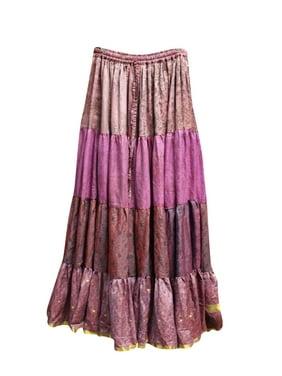 Mogul Women Full Flare Silk Sari Maxi Skirt Tiered Summer Fashion Boho Chic Gypsy Long Skirts